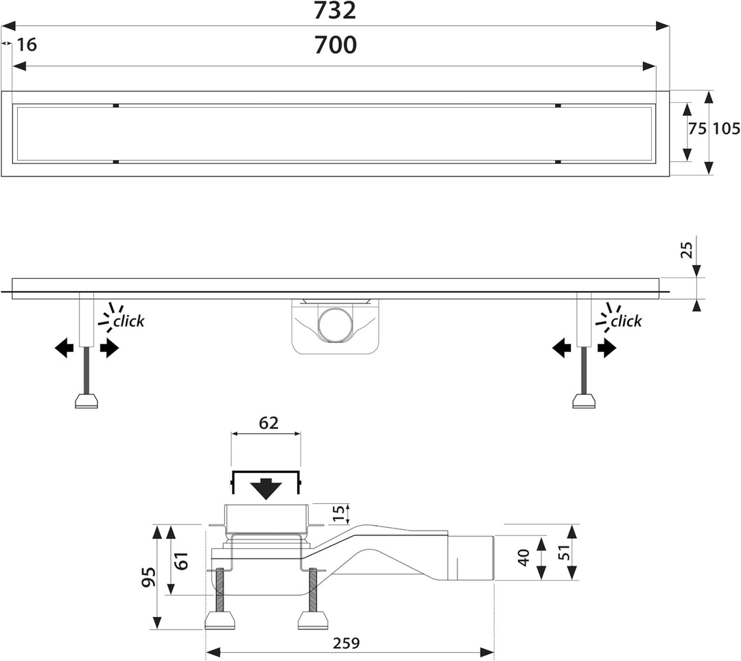 extraflache Edelstahl Duschrinne Complete Basic HG Länge: 70 cm Inkl. Blende Klassisch-Hochglanz Abg