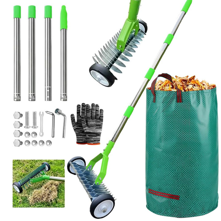 Handvertikutierer mit Rollen 165cm, vertikutierer Hand mit Gartenabfallsack, vertikutierrechen mit s