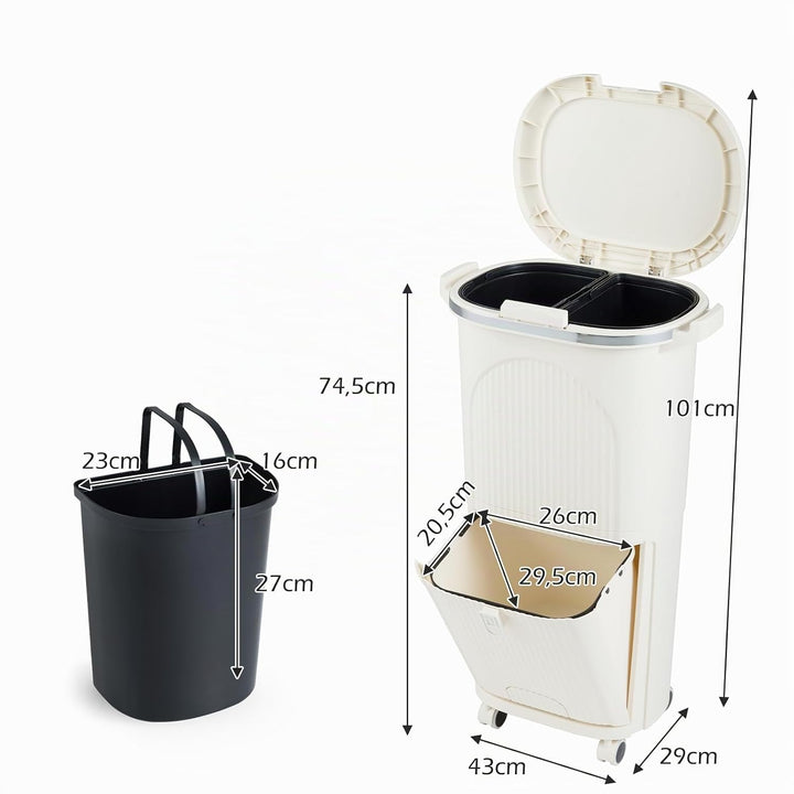 LIFEZEAL 38L / 42L Mülleimer auf Rädern, Abfalleimer mit 3 Fächern &amp; Deckel, Tretmülleimer mit Griff