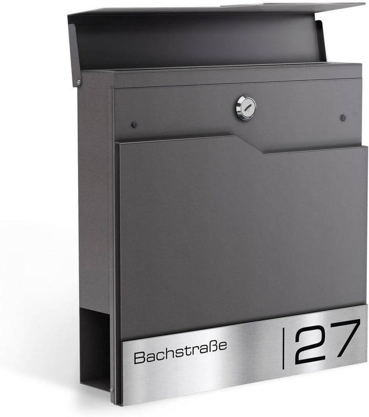Metzler Briefkasten in DB 703 Eisenglimmer Enno - Wandbriefkasten mit V2A Edelstahl-Namensschild &amp; Z