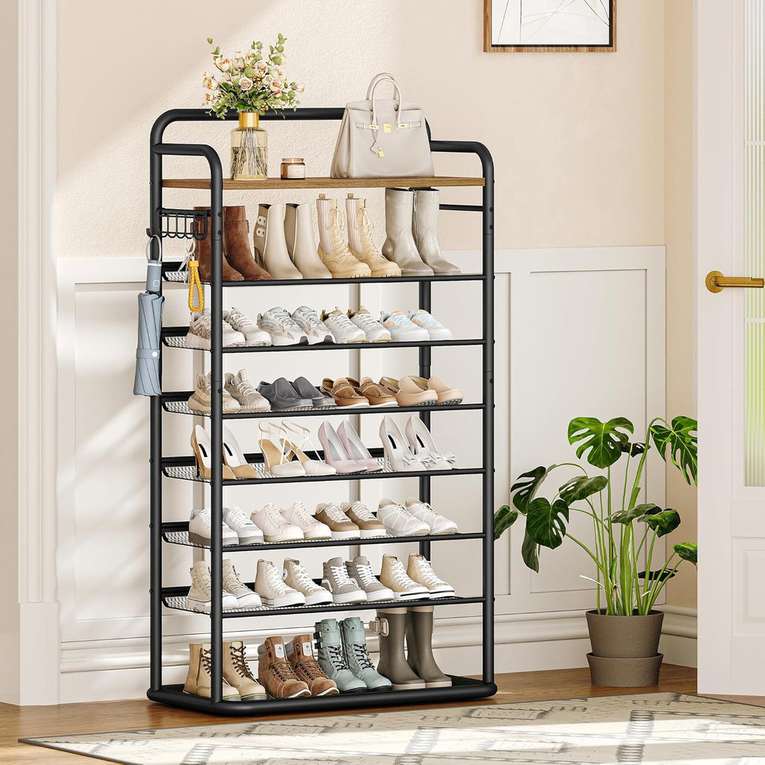 Hzuaneri 8-Stöckiges Schuhregal, 80 cm, 5 Haken, Schuhabtropfschale | Flache und Kippbare Gitternetz