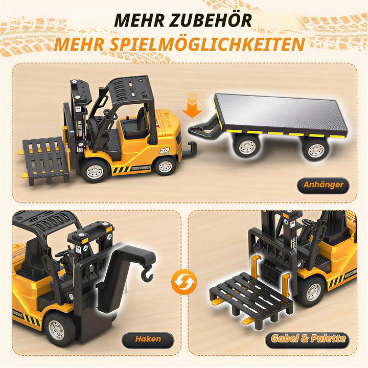 Mini RC Gabelstapler mit Anhänger, 11 Kanal Ferngesteuerter Stapler Gelb - Mini Gabelstapler mit Anh
