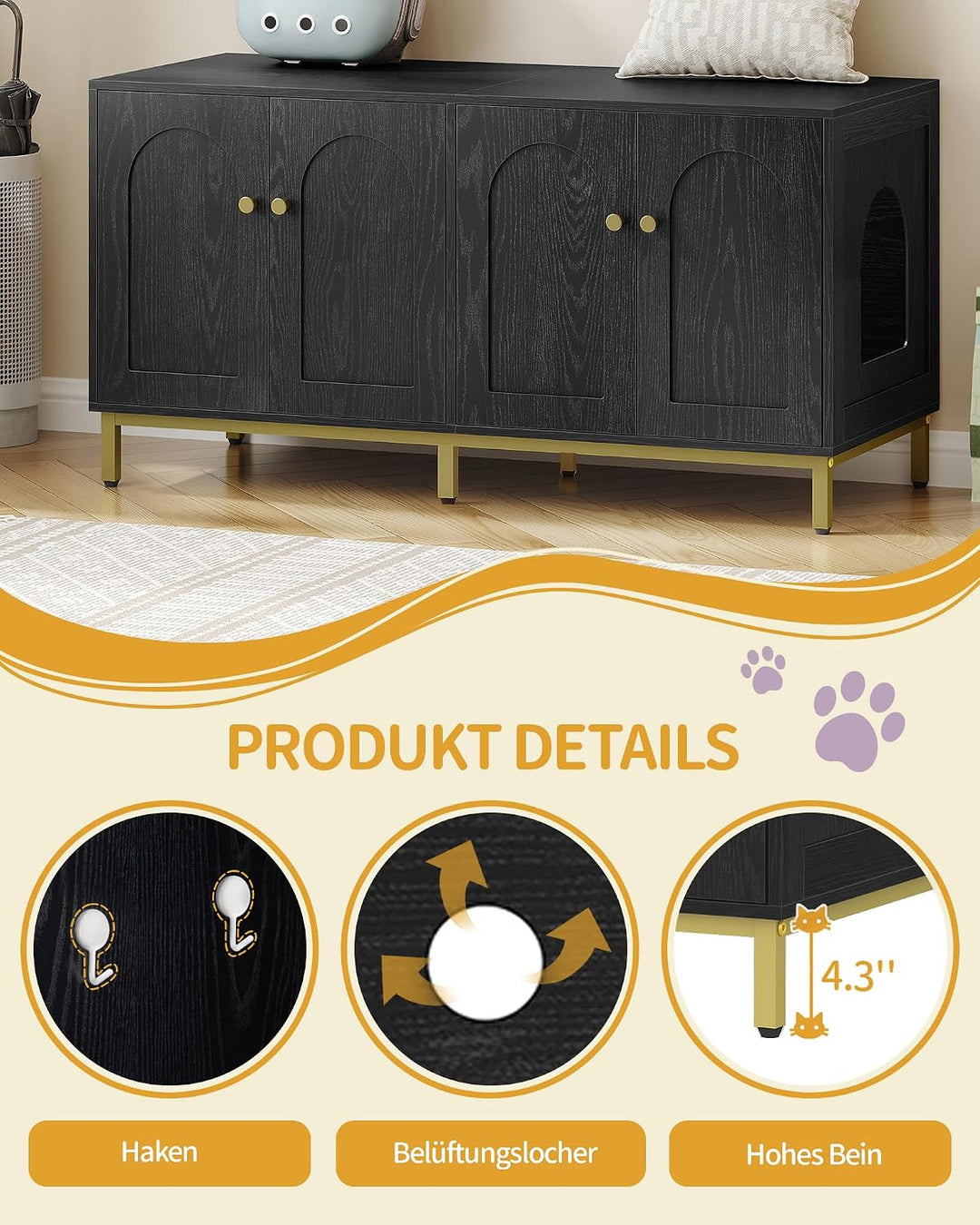 Hzuaneri Katzenschrank für 2 Katzen, 119cm Versteckte Katzentoilettenmöbel, Hölzernes Haustierhaus,