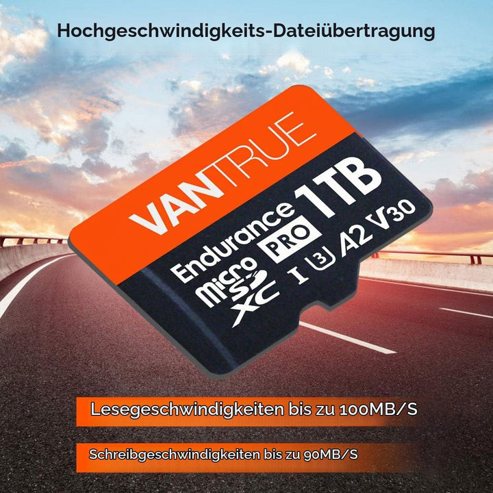 VANTRUE 1TB microSD Speicherkarte, UHS-I U3 4K, inkl. Adapter, Kompatibel mit Dashcam, Smartphone, T