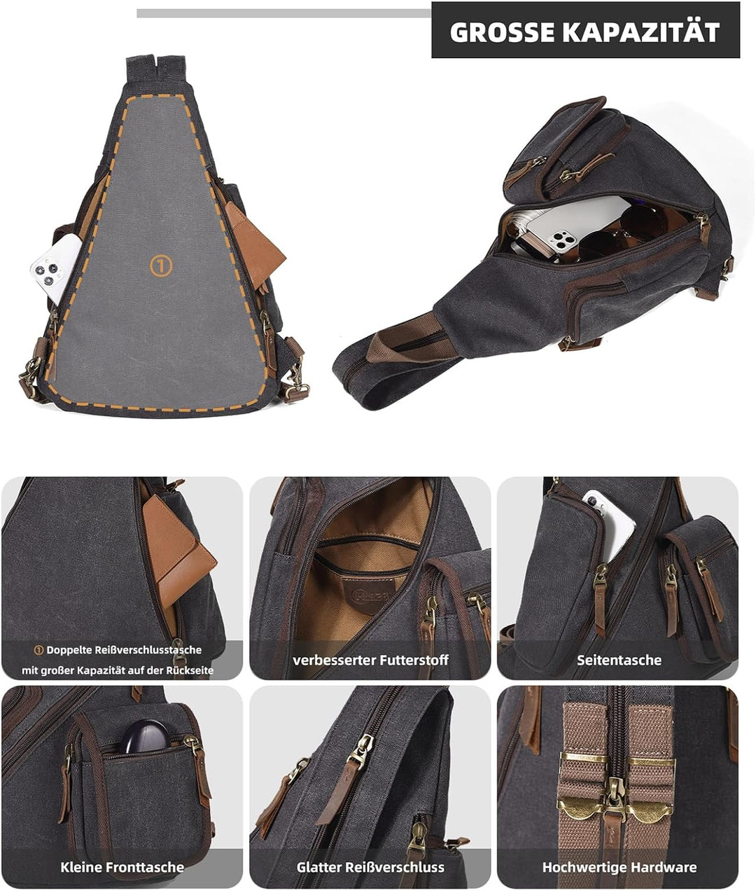 KL928 Canvas Sling Bag Herren und Damen, Crossbody Brusttasche Schulterrucksack Schultertasche Rucks