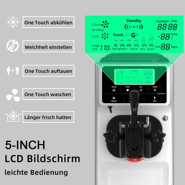 GSE Eiscrememaschine 1200W - 18L Softeis pro Stunde, 6L Edelstahlbehälter mit Kühlfunktion, 1.2L Ein