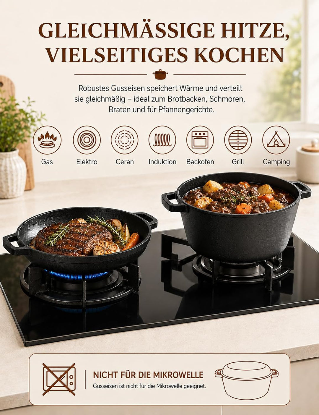 Gusseisen Topf zum Brotbacken, 26 cm, Rund 4,7 L, mit Pfannendeckel