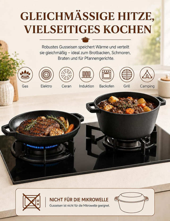Gusseisen Topf zum Brotbacken, 26 cm, Rund 4,7 L, mit Pfannendeckel