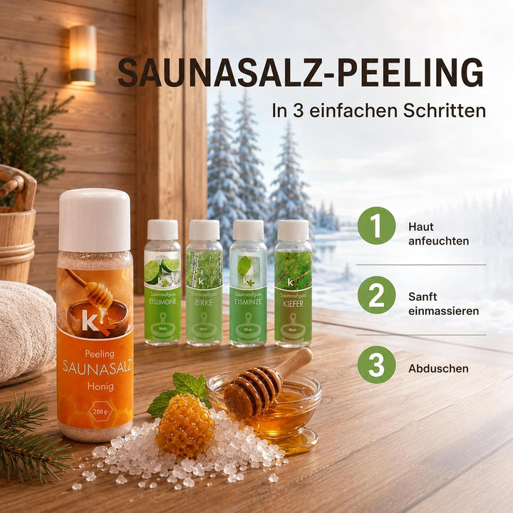 KK Sauna -Set mit Salz Peeling | KK Saunaaufgussset "Skandinavien" 4 x 100 ml + 200 g KK Saunasalz "