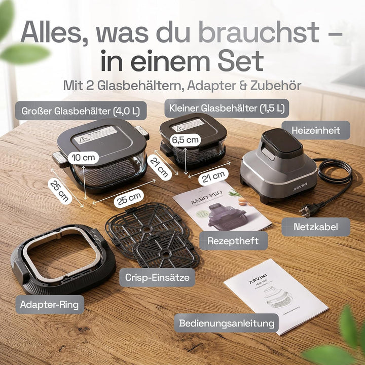Airfryer Glas mit Glasbehälter, Temperatur einstellbar 60–200°C Graphitgrau 4l + 1,5l, Graphitgrau 4