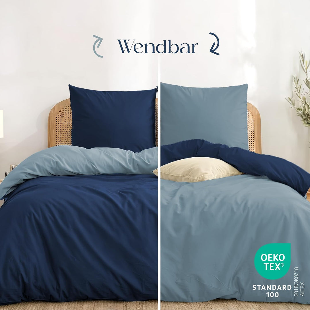 Twinzen - Bettwäsche 220x240 cm mit 2 Kissenbezüge 65x65 cm - Wendbar Dunkelblau / Blaugrau 240x220
