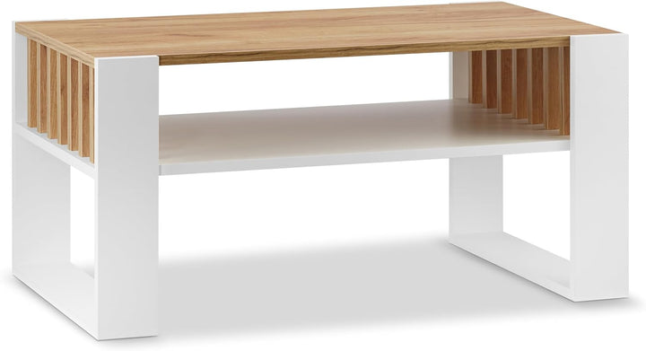 defiPad Couchtisch Eiche Weiss im Lamellendesign mit Stauraum, 92x50 cm Weiss + Eiche, Weiss + Eiche