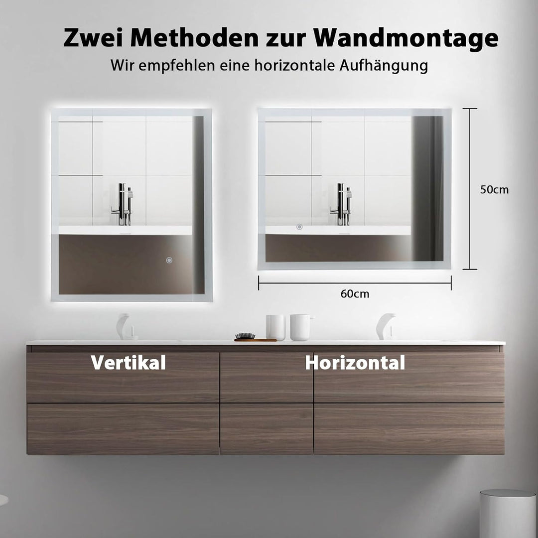 LED Badspiegel mit Beleuchtung, 60x50cm Wandspiegel Badezimmerspiegel mit Touch-Schalter Kaltweiss 6