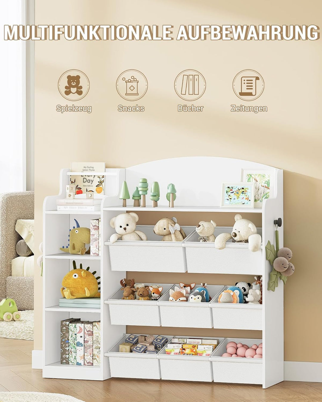 Hzuaneri Kinderregal, Bücherregal Kinder aus Holz, Spielzeugregal mit 8 Stoffschubladen für Kinderzi
