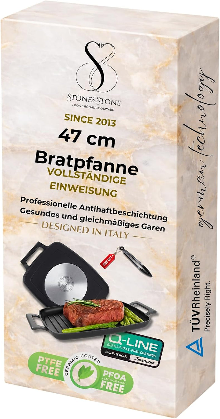 Stone&amp;Stone Grillpfanne 47 cm Rechteckig, Aluminium, Profi Antihaftbeschichtet GREBLON C3+ PFOA-frei
