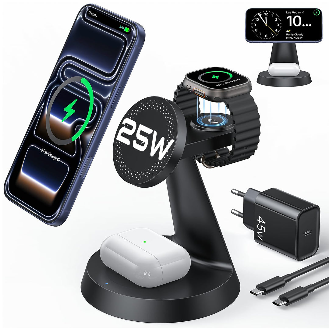 Meifigno 25W 3-in-1 Induktive Ladestation für Apple Watch und iPhone, Black, Black