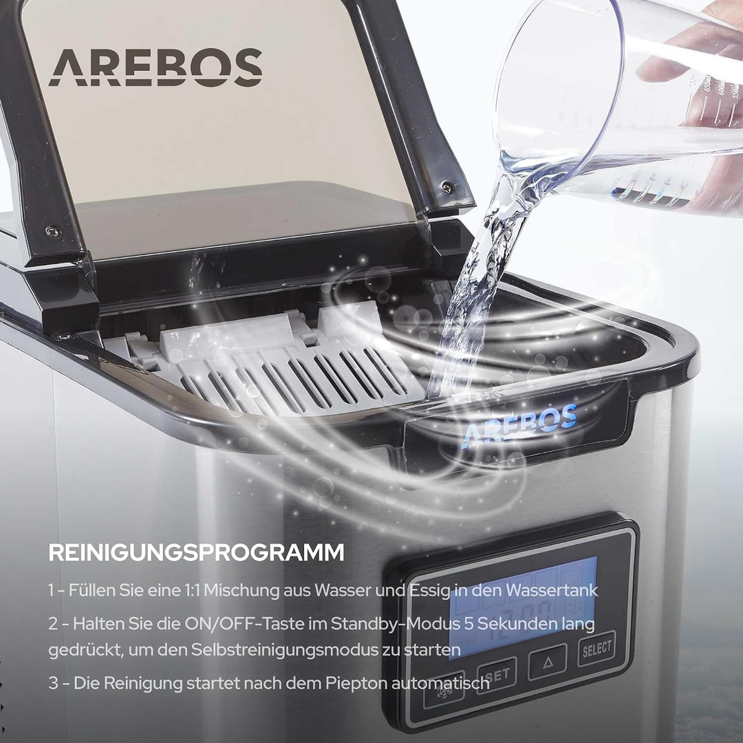 Arebos Eiswürfelmaschine | Ice Cube Maker | 12 kg / 24 h | 10-15 Minuten Produktionszeit | 3 Eiswürf