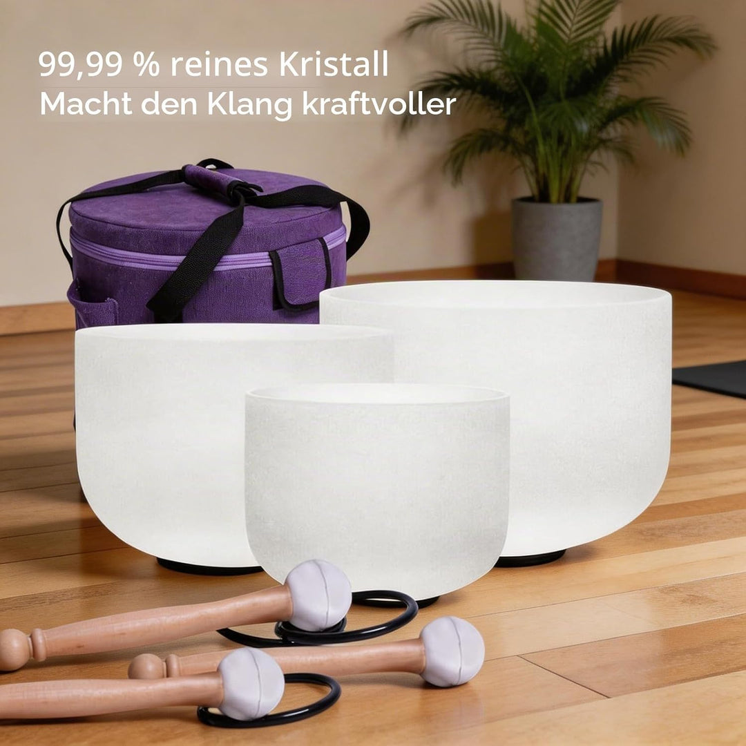 Energysound Perfect Pitch Chakra Singing Bowls 432Hz 11" D 9" F 7" B Frosted Quartz Crystal Singing