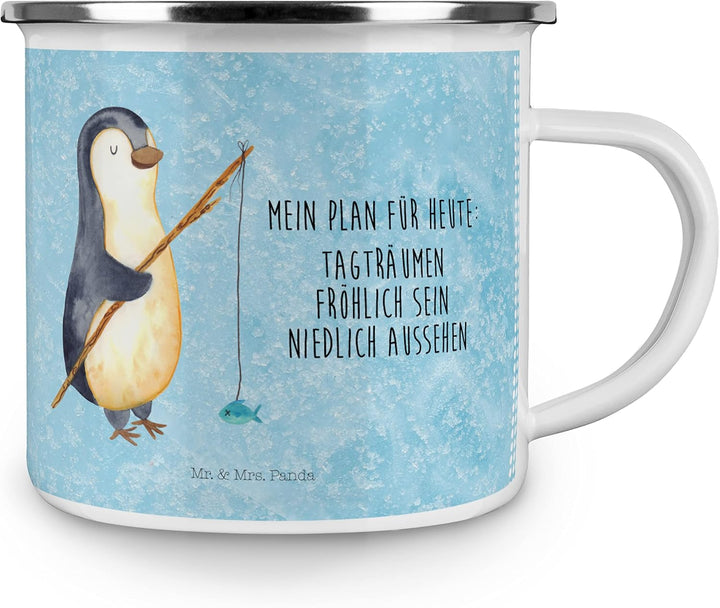 Mr. &amp; Mrs. Panda Camping Emaille Tasse Pinguin Angler - Geschenk, Angelurlaub, Hobby, Camping Tassen