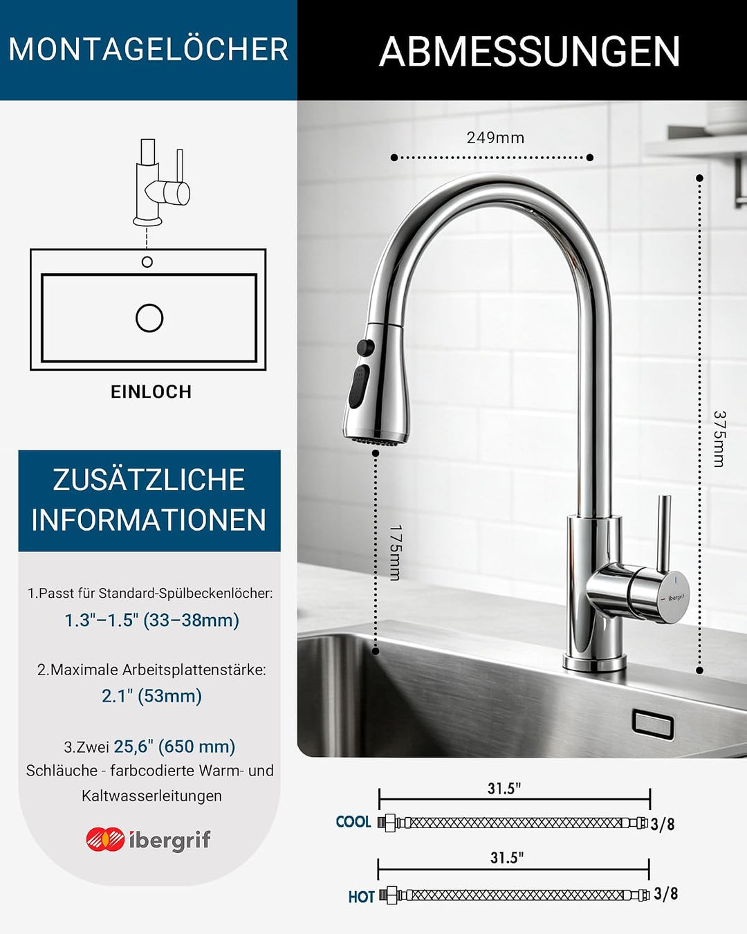 Ibergrif M22136 Wasserhahn Küche Ausziehbar Mischbatterie- Küchenarmatur Edelstahl 360° Schwenkbar,