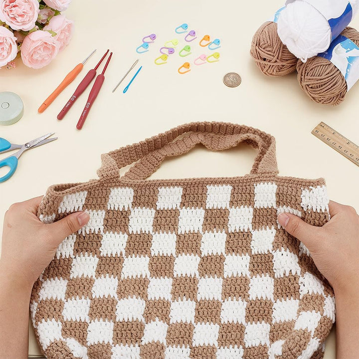 ORIGACH Schachbrettmuster Häkel Tasche Set Für Anfänger,Granny Square Häkeltasche Häkelset, Häkelset