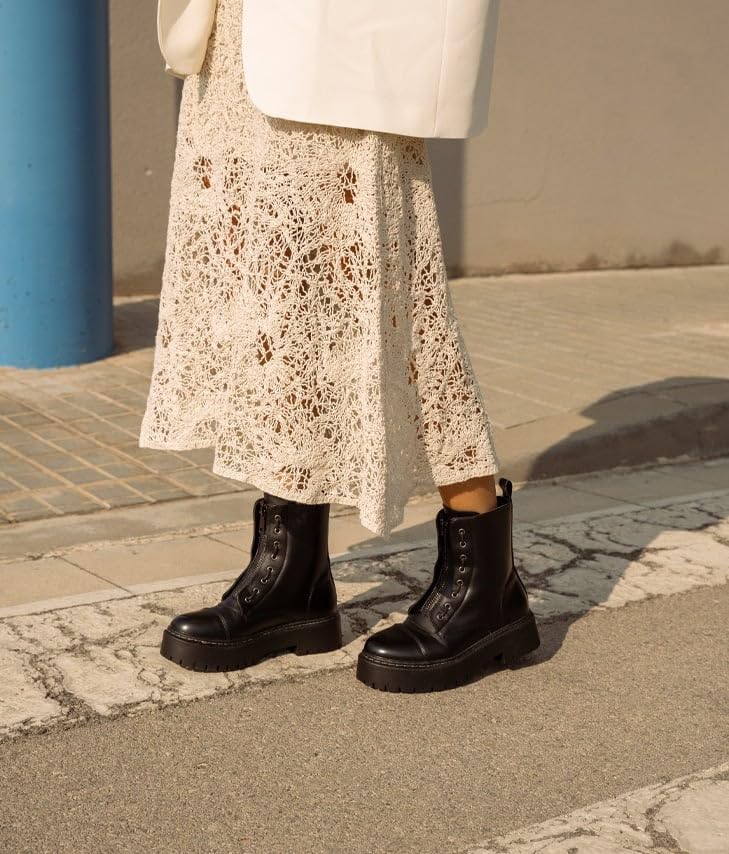 BOSANOVA Militär-Stiefel mit gezackter Plattform und Schnürung oben, mit Reissverschluss, für Damen