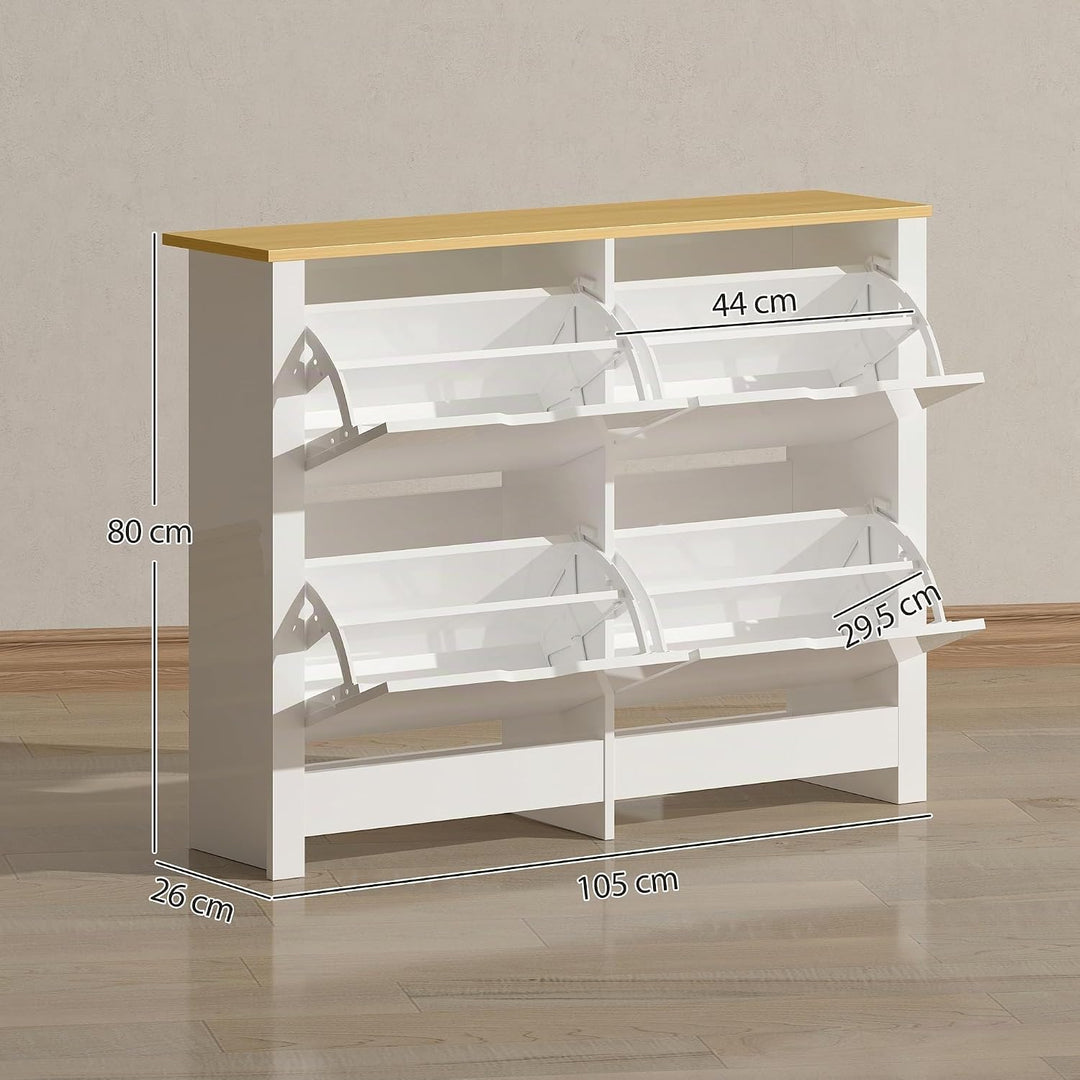 HOMCOM Schuhschrank mit 4 Klappen Schmal 105 x 26 x 80 cm Weiss Weiss 4 Klappen, Weiss 4 Klappen