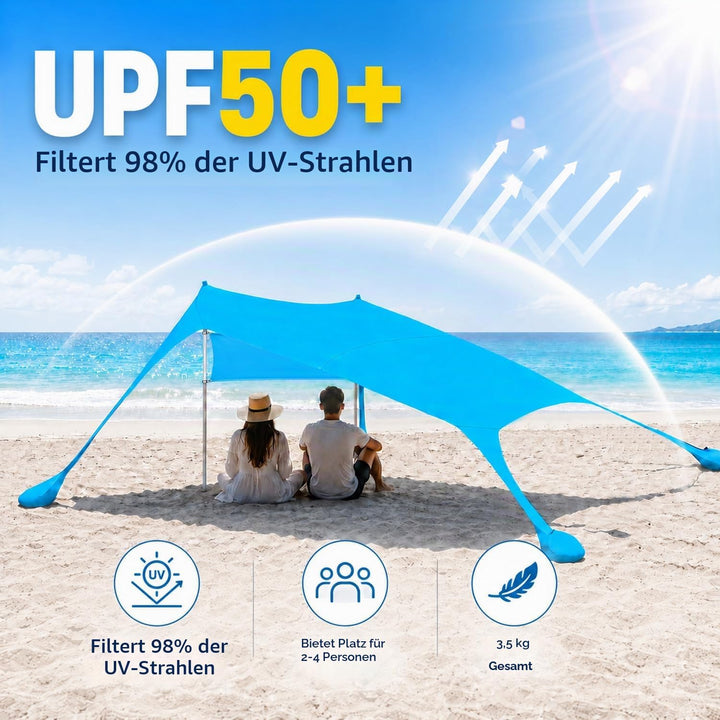 Strandzelt – Sonnensegel Strand 2.1x2.1m mit UV Schutz UPF50+, windstabil &amp; leicht, Strandmuschel mi