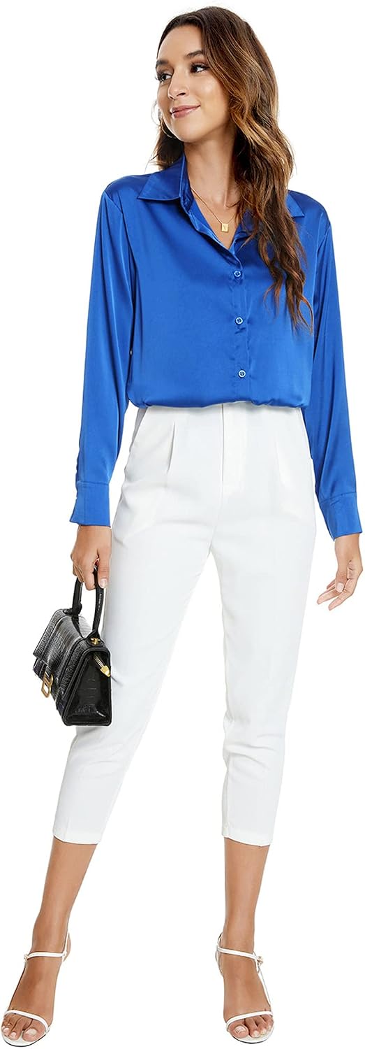 Atnlewhi Damen Bluse Langarm Knöpfen Satin Seide Hemden Basic Kent Kragen Arbeit Büro Formelle Casua