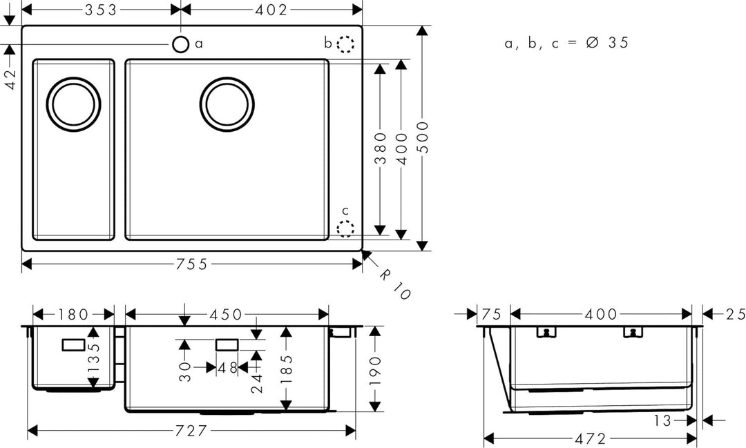 hansgrohe Küchenspüle, Einbau 180/450 mm für 800 mm Unterschrank, edelstahl 80cm Unterschrank für 1-