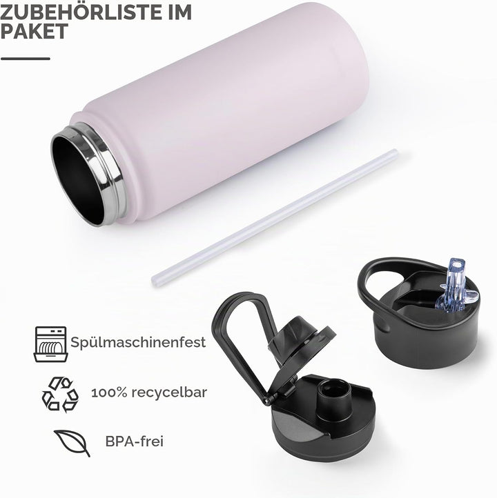 Edelstahl Trinkflasche - 500ml - mit Strohhalm,Auslaufsicher,Kohlensäure Geeignet,BPA frei Thermosfl