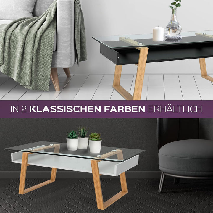 Couchtisch Glas Schwarz mit Bambus – Moderner Glastisch Wohnzimmer mit Ablage 110x55x40 cm – Wohnzim