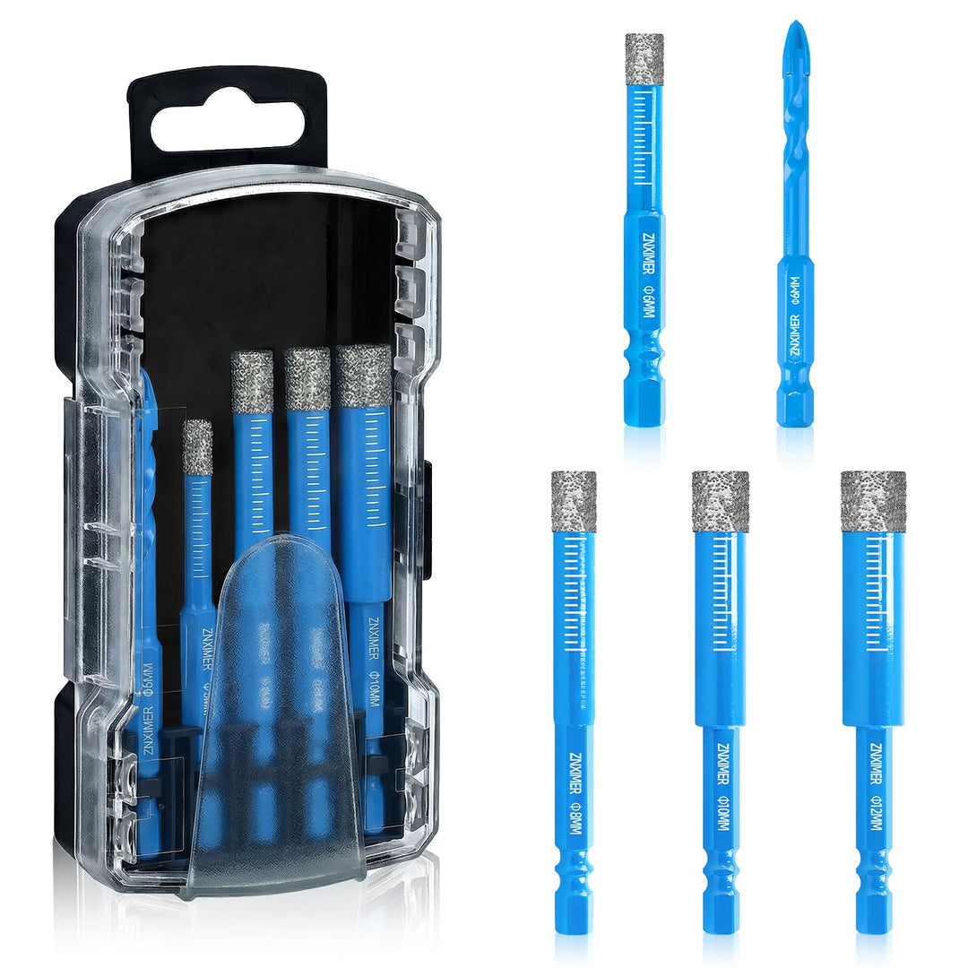 Fliesenbohrer Diamantbohrer Glasbohrer Set 5-tlg. 6, 8, 10, 12 mm + 6 mm Karbidbohrer für Keramik, G