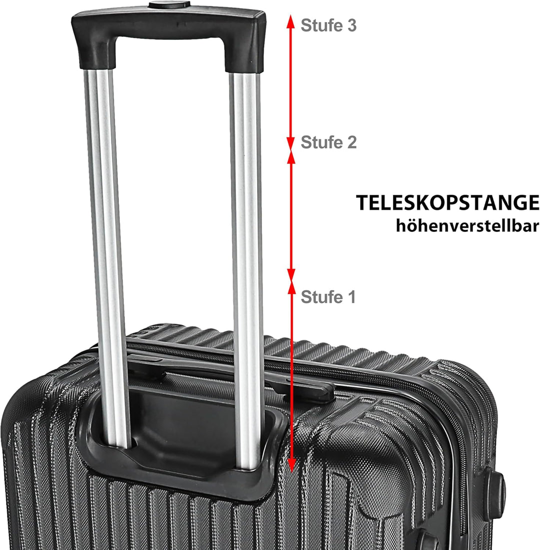 Cepewa Reisekoffer Set schwarz | 3 Grössen 20/24/28 Zoll ABS | Teleskopstange 4 Zwillingsrollen Zahl