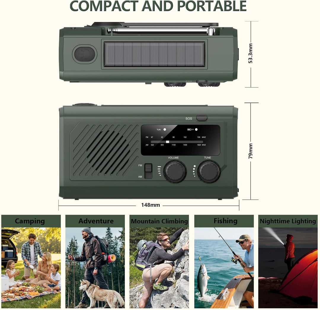 4000mAh Kurbelradio Notfallradio mit Powerbank, Solar &amp; USB Aufladbar, AM/UKW Radio mit SOS-Alarm, L