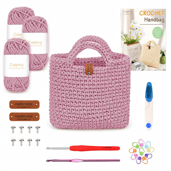 Häkelset Tasche, Crochet Set - 2 Häkelnadel, Anleitung, 3 Dicke Wolle Rosa, Rosa