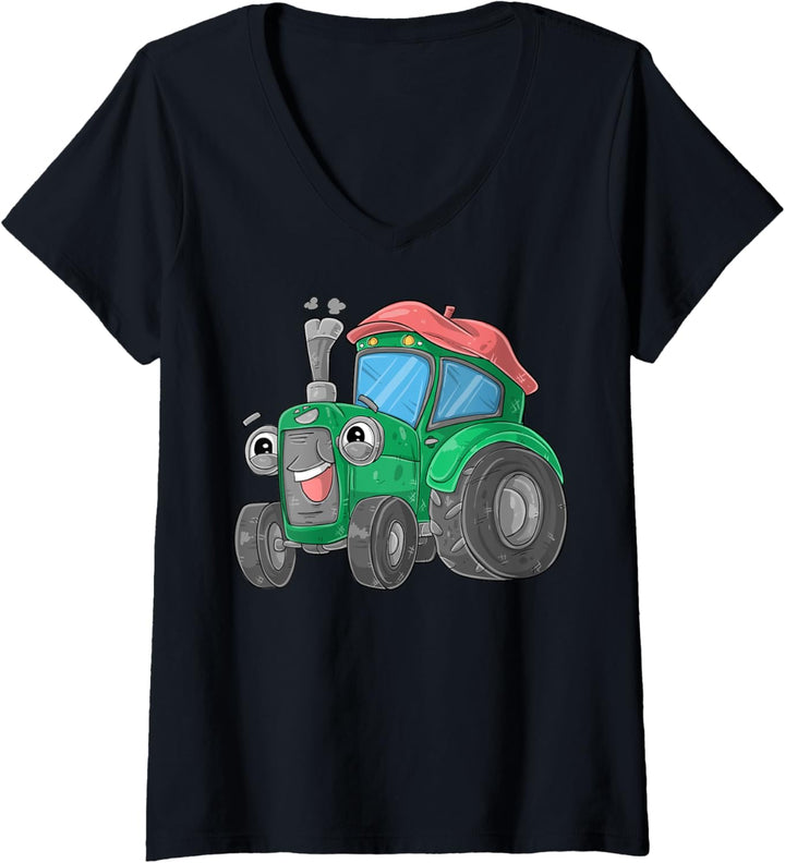 Damen Cooler Traktor mit Gesicht T-Shirt mit V-Ausschnitt