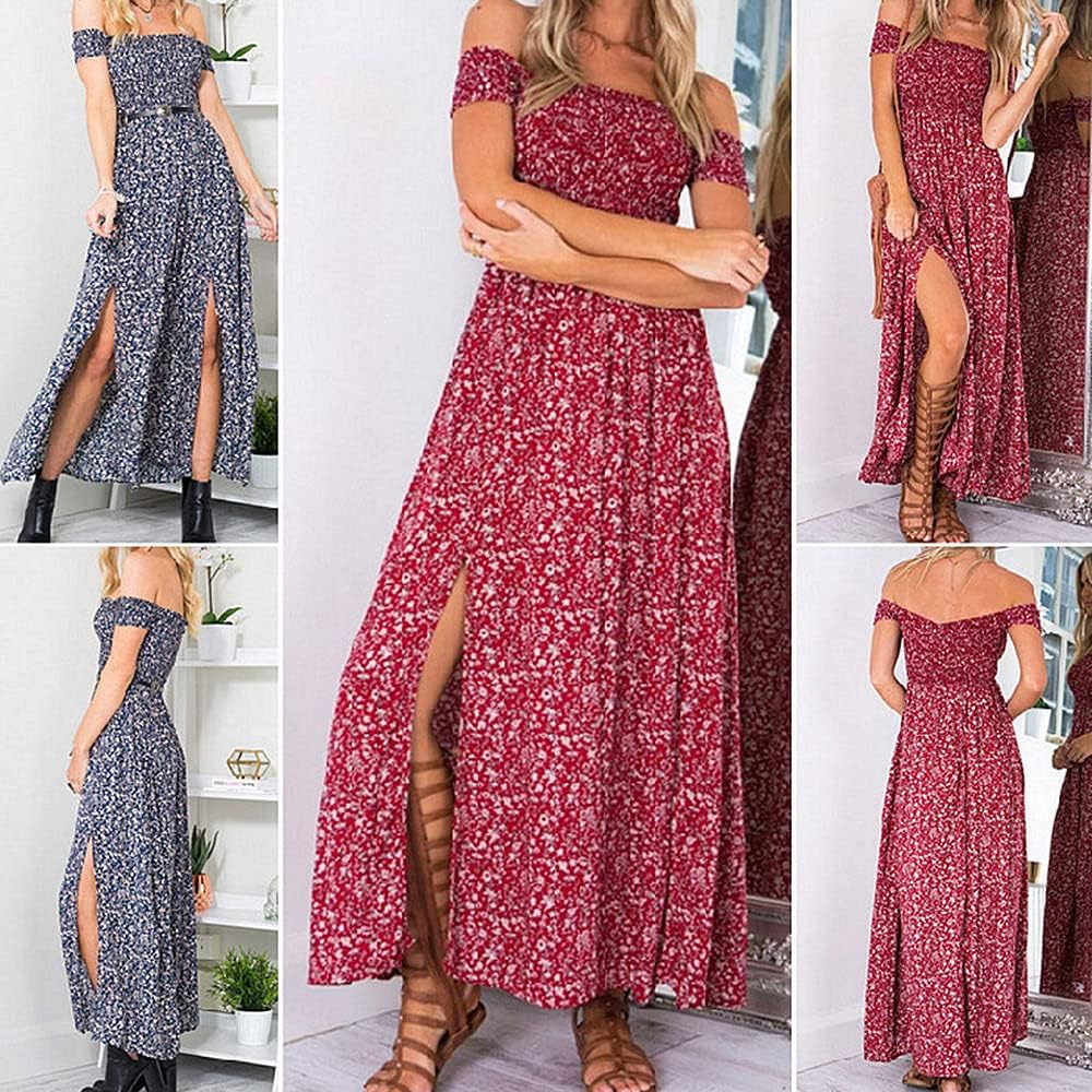 Sommerkleid Damen Lang Off Shoulder Maxikleider für Damen Blumenrock Schlitz Kleider Strandmode L Ro