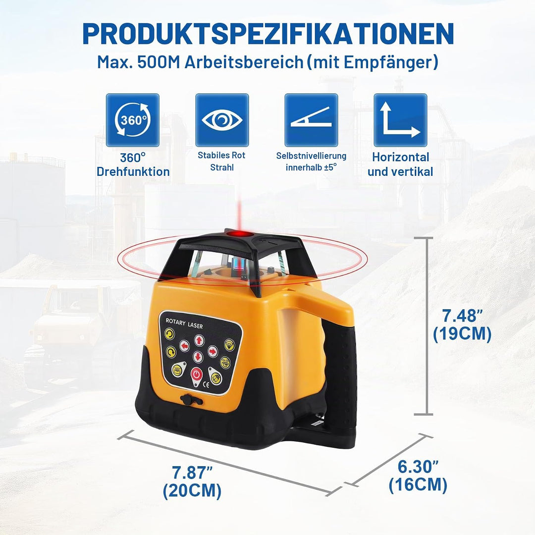 360° Rotstrahl Rotationslaser 500m IP54 Selbstnivellierend mit Empfänger Rot Rotationslaser, Rot Rot