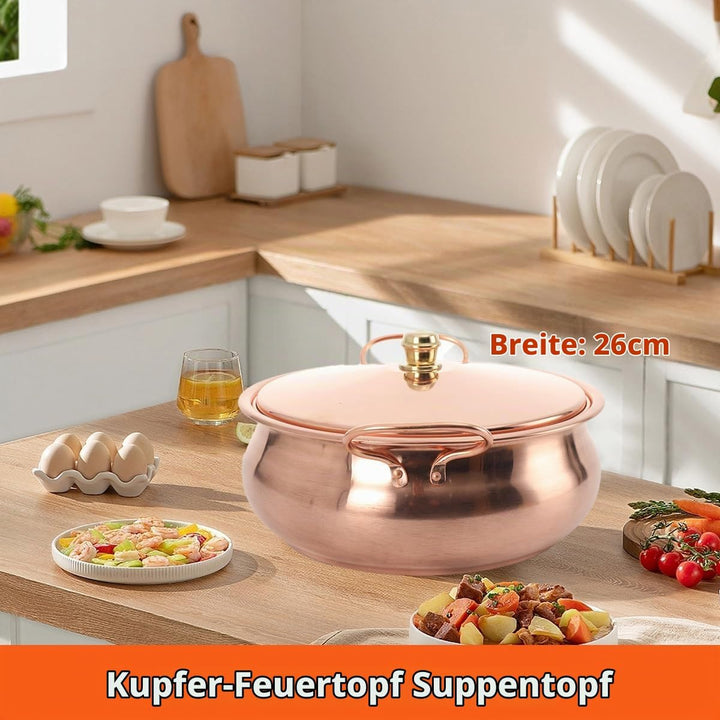 ECUTEE Kochtopf aus Kupfer 26cm Cooking Pot Kochtöpfe Kupferkochtopf mit Deckel, Uungestrichen Suppe