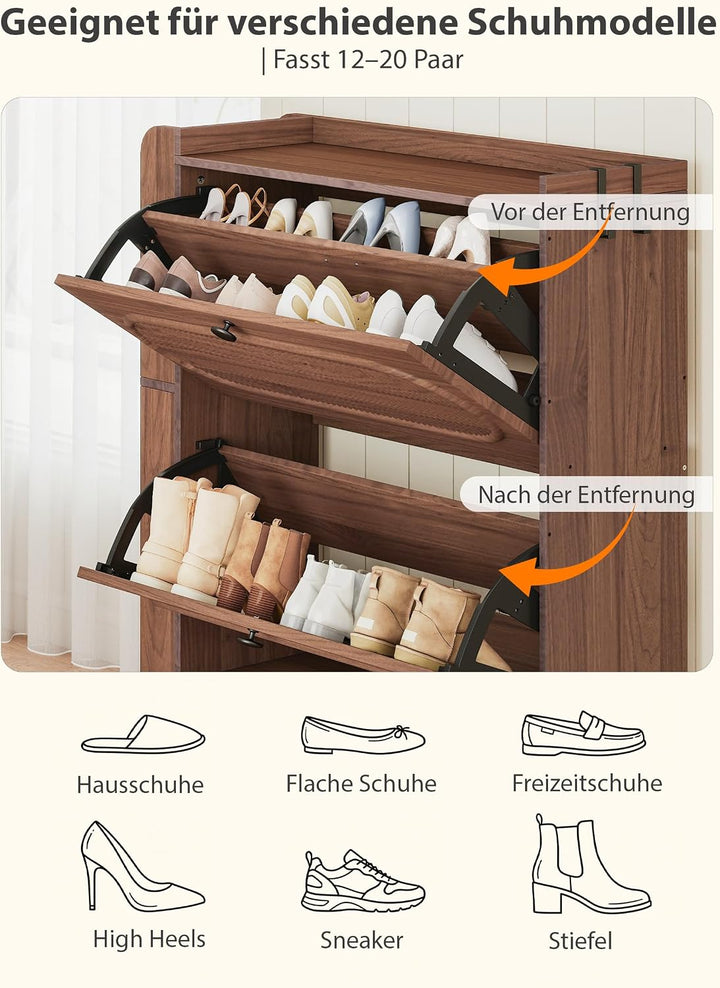 Schuhschrank Schmal mit 2 Klappen, Walnuss Nussbaum, Nussbaum