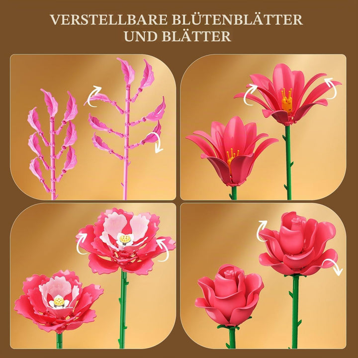 CUBIMANA 21 Blumen Blumenstrauss Bauset mit Licht für Erwachsene Mädche 12+ Rosa, Rosa