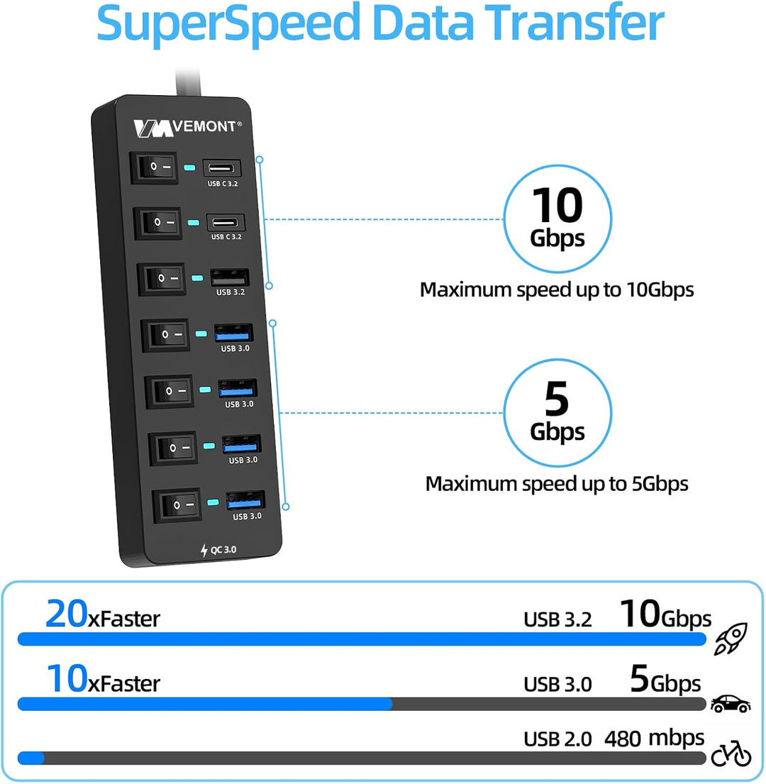 USB 3.2 Hub mit Netzteil, VEMONT 8-Port USB C Hub mit 10Gbps Port &amp; 12V/4A Schwarz 8 Ein Netzteil +