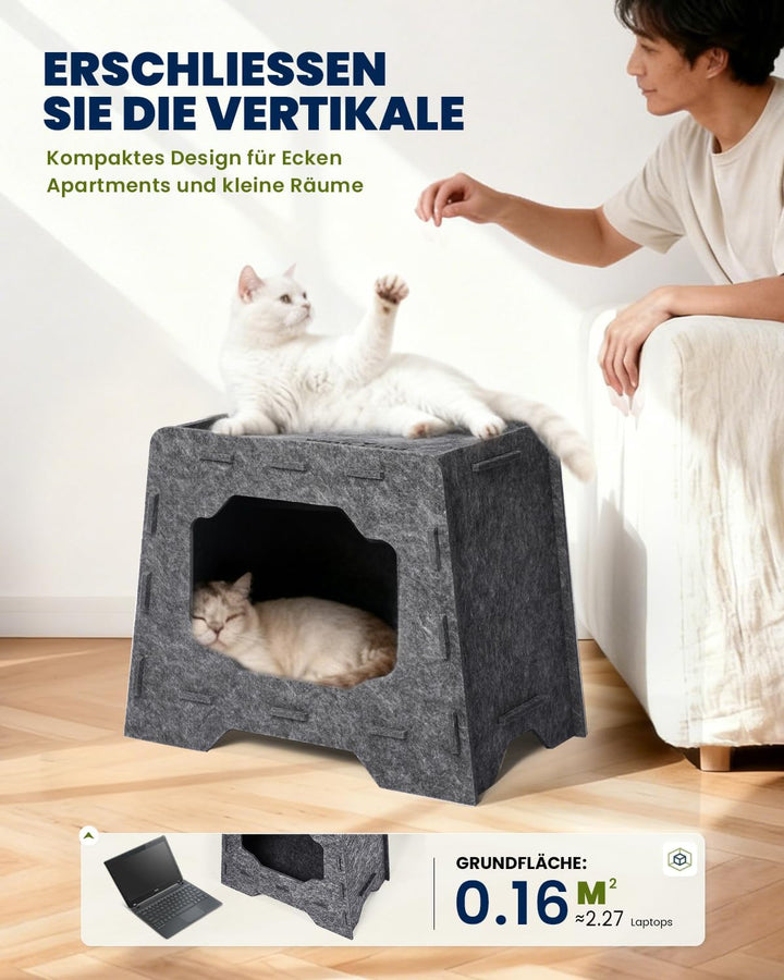 Katzenhöhle Katzenhaus aus Filz Katzenbett 2-Ebenen Katzen Höhle mit Kuschelhöhle &amp; Aussichtsplattfo