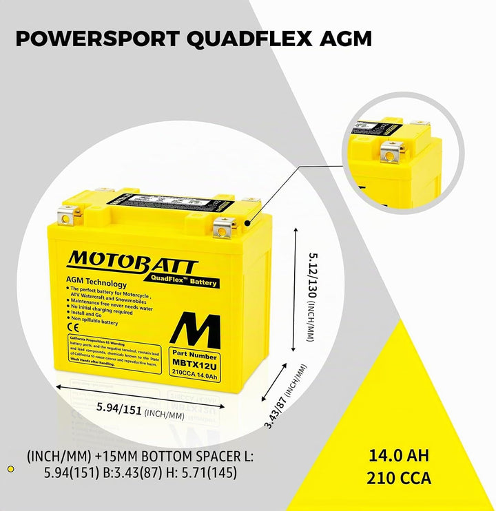 MotoBatt MBTX12U (12V 14 Amp) 200CCA Factory Activated QuadFlex AGM Battery