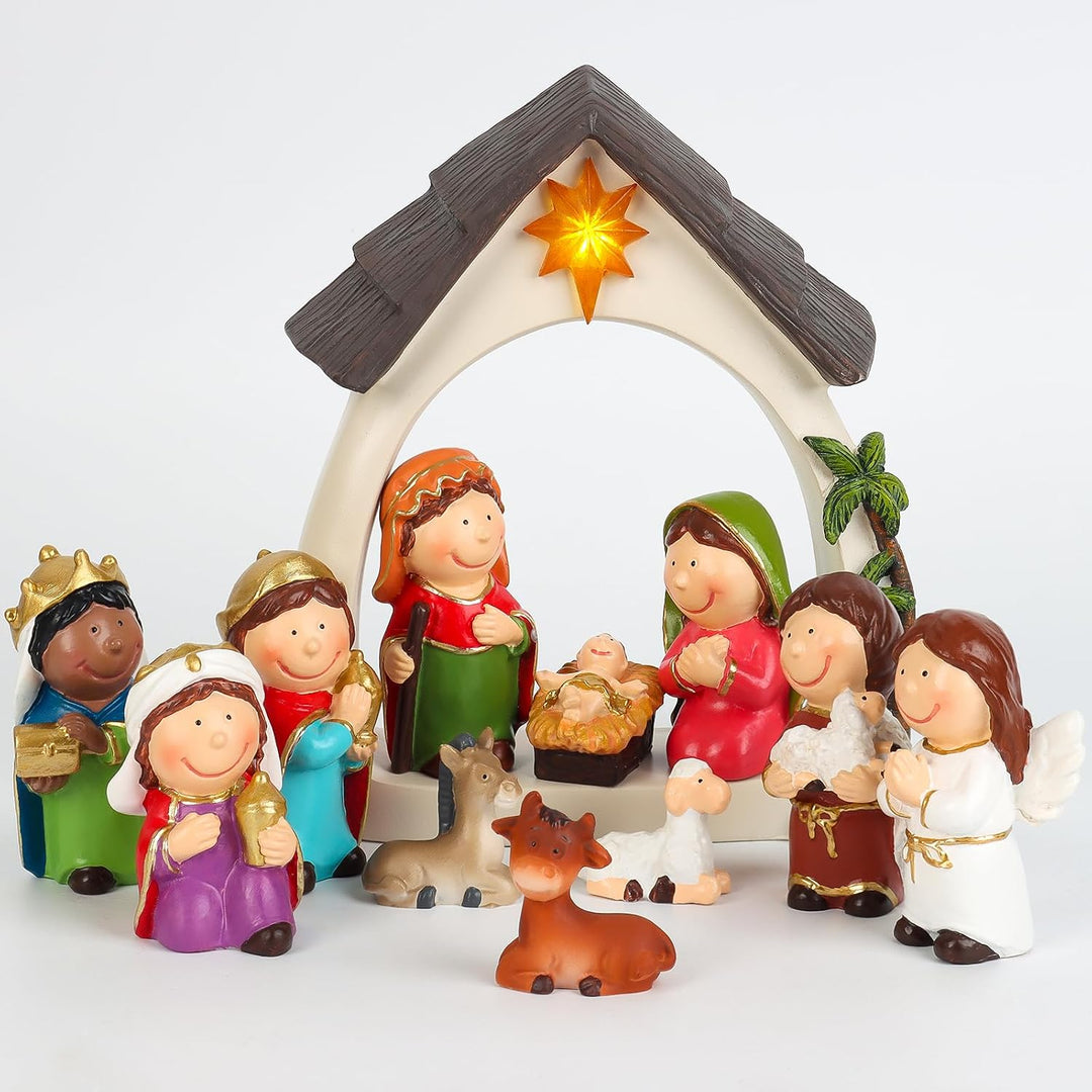 Weihnachtskrippe Set 12-teilig, Jesu Geburt mit Maria Josef Jesuskind, 3 Könige, Hirten &amp; Engel, Fig