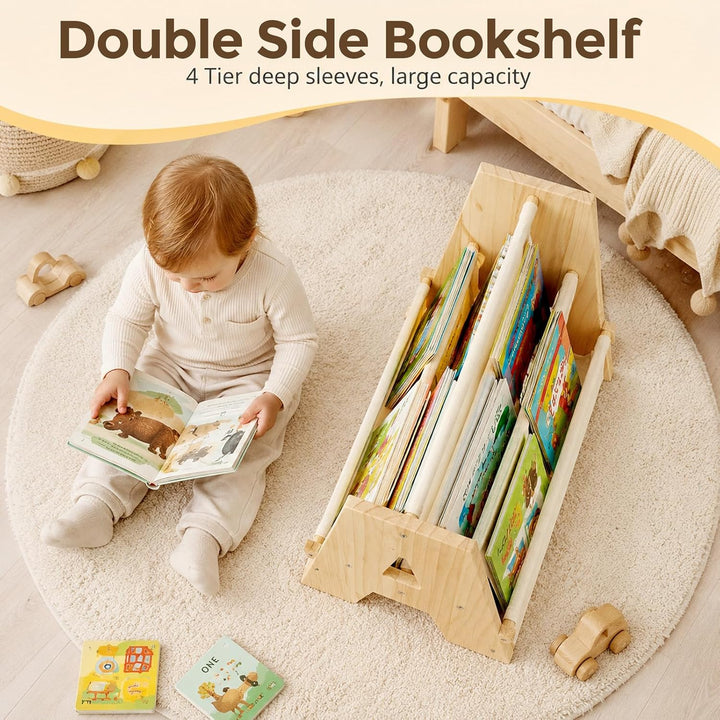 Bücherregal Kinder doppelseitig, Kinder Bücherregal Holz A-Form, Kinderregal im Montessori Stil mit