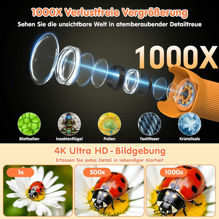 1000X Mikroskop für Kinder 2.4" Bildschirm 4K HD Taschenmikroskop Orange, Orange