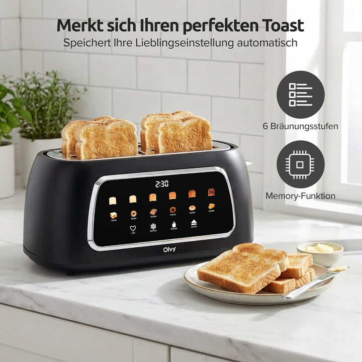 Olvy T-40T Toaster mit langen Schlitzen – 1500 W, LCD-Touch-Display mit Timer, 6 Bräunungsstufen, Au