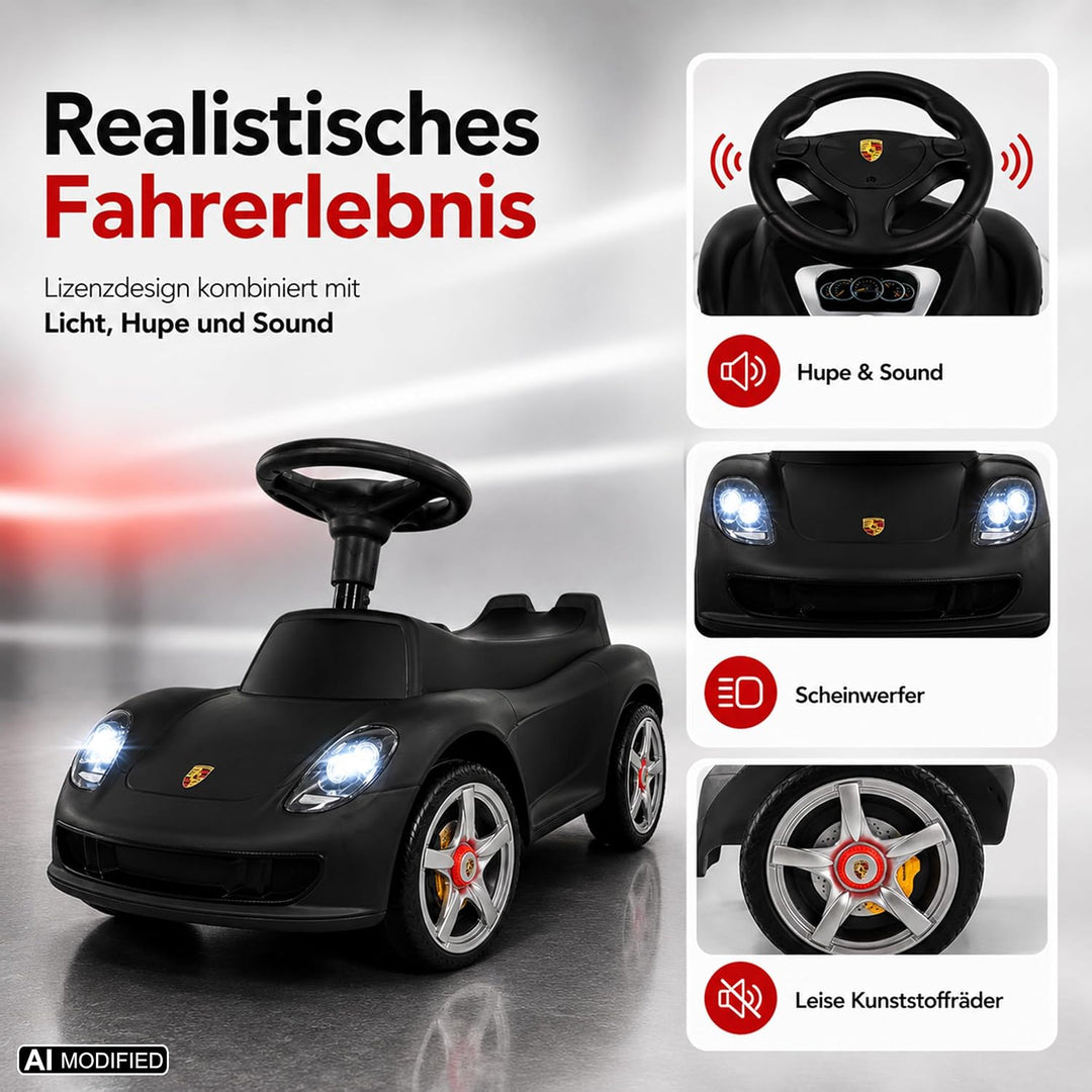 Lemodo, Porsche Carrera GT Rutschauto lizenziert schwarz, ab 18 Monaten, Kinderfahrzeug mit Scheinwe